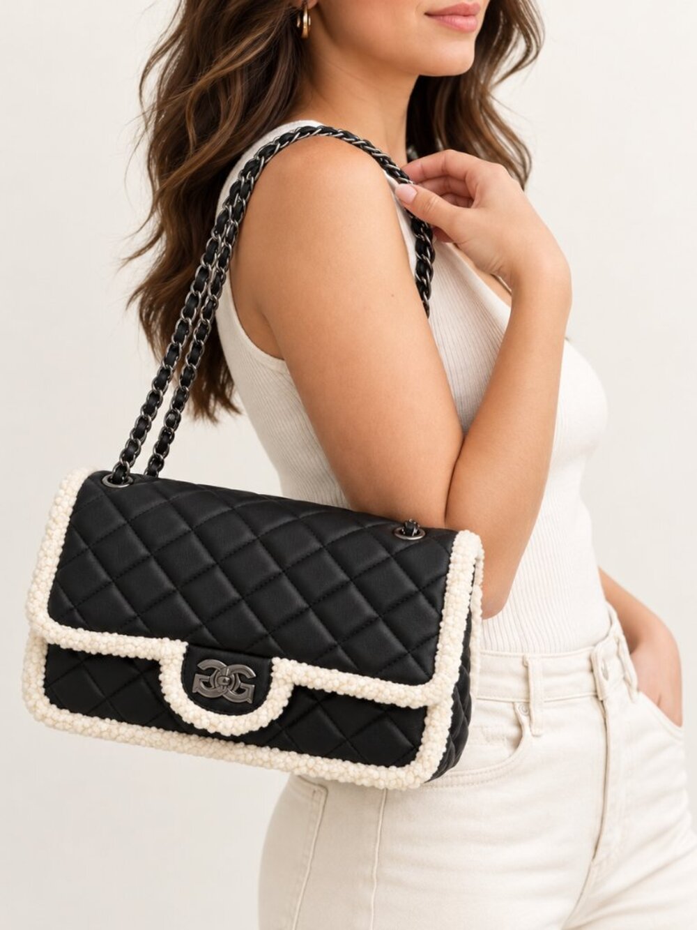 NWT Gilda Paris Black Quilted Sherpa Trim Shoulder Crossbody Bag